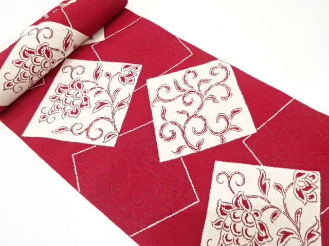 アンティーク　色紙に唐花模様織り出し　八寸帯地反物